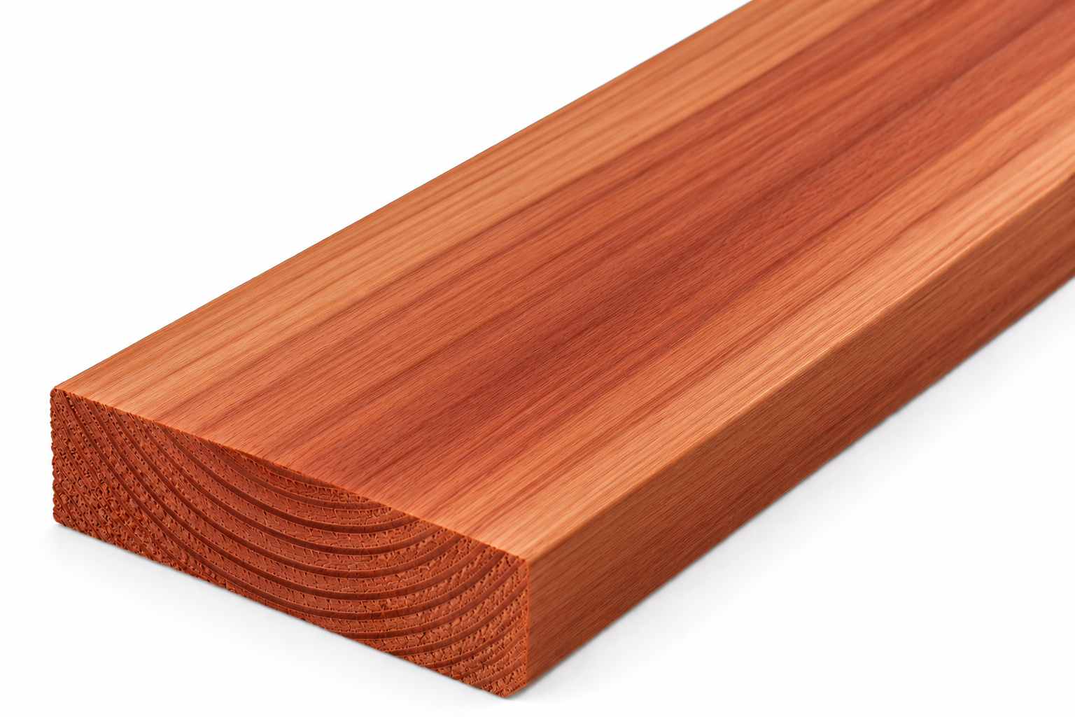 Redwood plank showing rich reddish color and fine grain